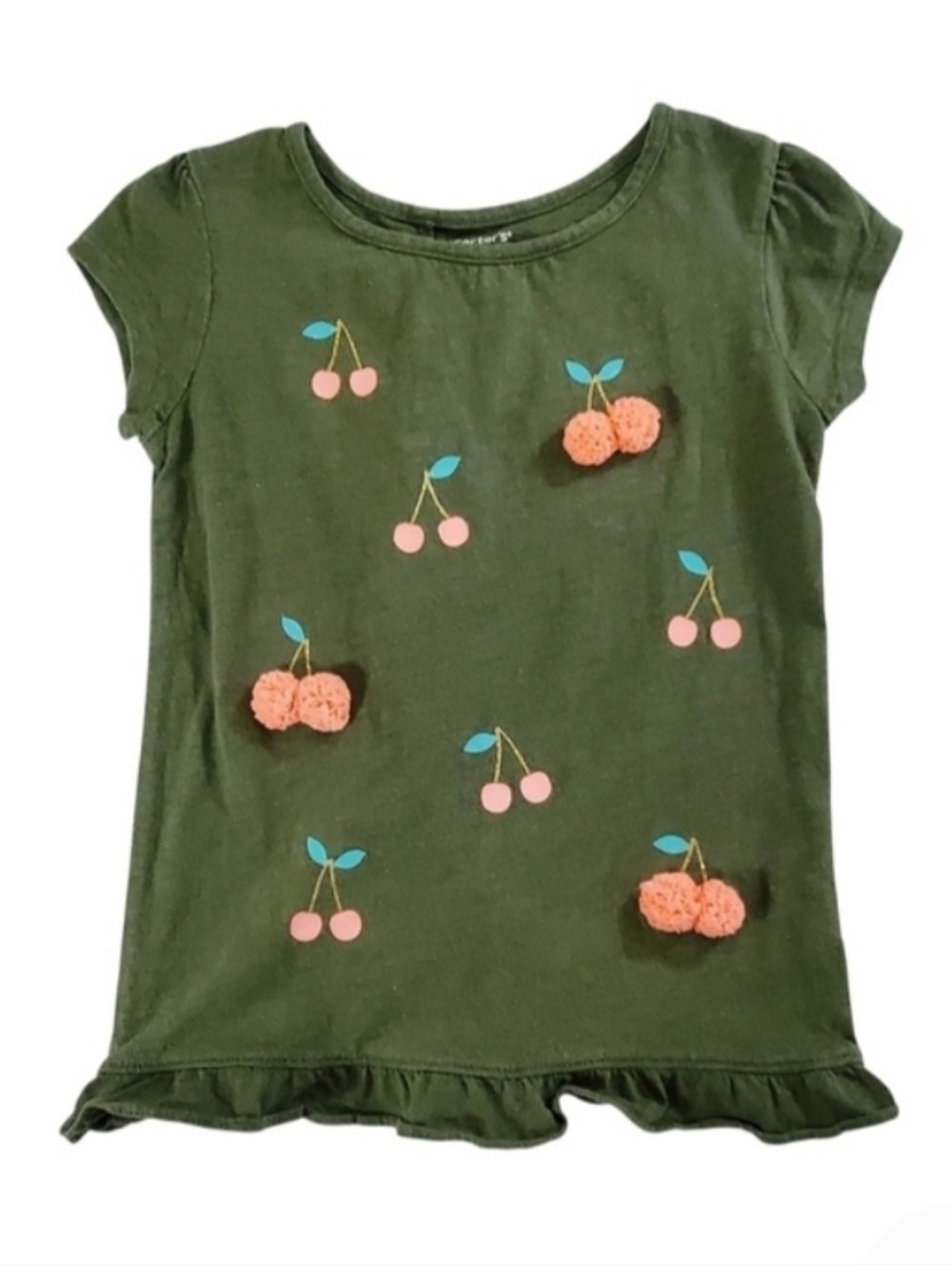 K1171 * Carter's Girls Cherry Ruffle Tulip Back Tee Olive Green Pink Size 5T